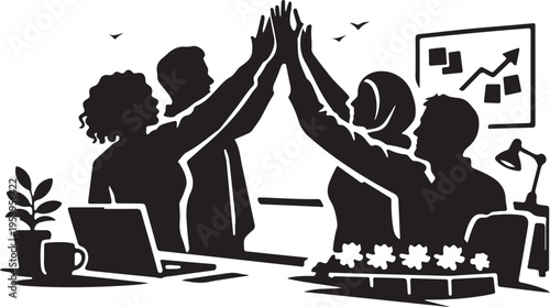 Diverse team silhouette high-fiving in office, unity pose.