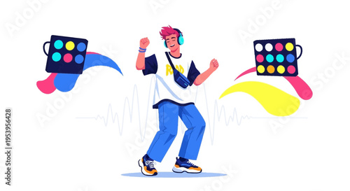 Young man with headphones dancing to music, surrounded by abstract shapes and pads