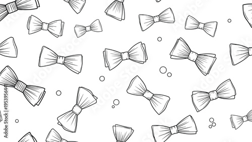 Charming seamless pattern of hand drawn black and white bow ties and small circles scattered across a clean white background.