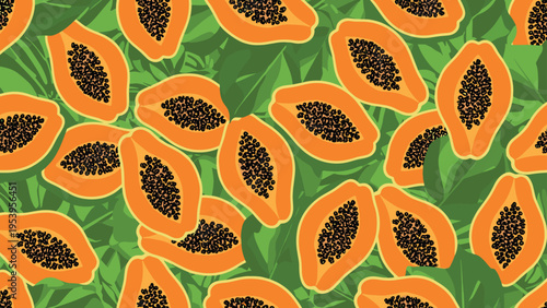 Tropical seamless pattern of halved orange papayas showing black seeds layered over lush green jungle foliage for exotic designs.