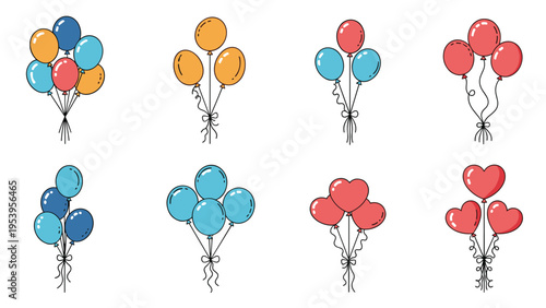Collection of colorful balloon bunches including heart shapes and round balloons in various festive arrangements for celebrations.