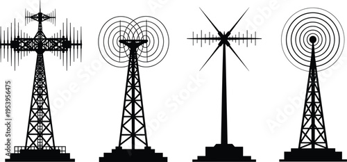Black silhouette vector set of radio towers and telecommunication masts with signal waves and antennas isolated on white background for communication technology concepts