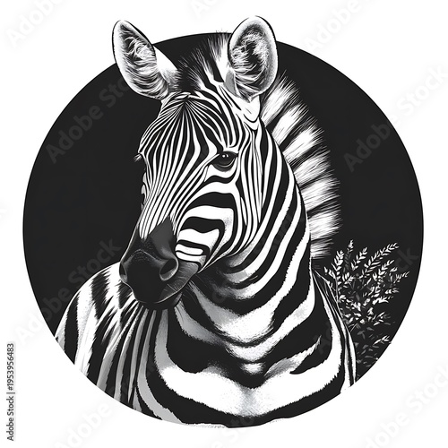 Zebra head and neck in a black circle with white background Keywords: zebra, animal, photo