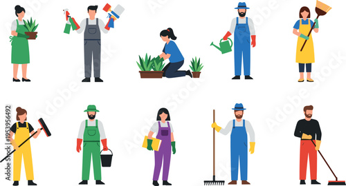 Gardeners and farmers working set vector illustration showing people planting, watering, raking, and harvesting plants in gardening and agriculture activities