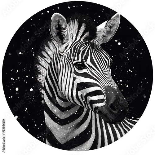 Zebra Head Portrait with Starry Night photo Background in Circle animal wildlife