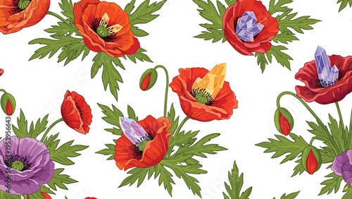 Unique seamless floral pattern of red and purple poppies featuring sparkling crystals at the center on a white background.