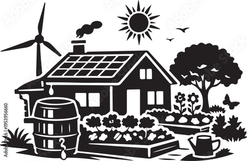 Eco home silhouette with solar roof and garden.