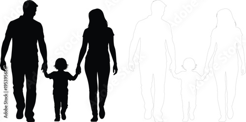 Family Walking Silhouette Parents and Child Holding Hands Happy Family Concept Mother Father Kid Vector Illustration Black and Outline