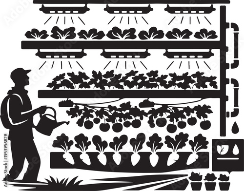 Vertical farm silhouette layers growing veggies