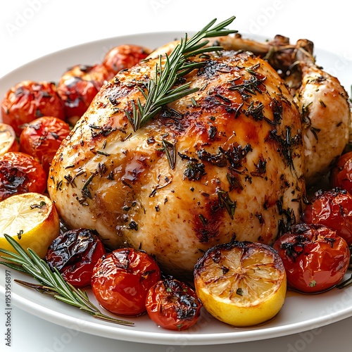 Whole Roasted Chicken with Cherry Tomatoes and Lemon on photo White Plate rosemary lemon slices