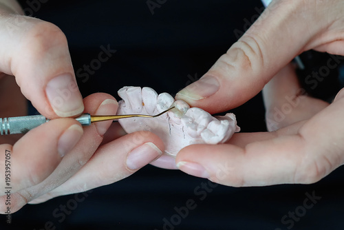 Fotografija macro shot focusing on a fine brush applying material to a small ceramic inlay within a plaster tooth model in a laboratory