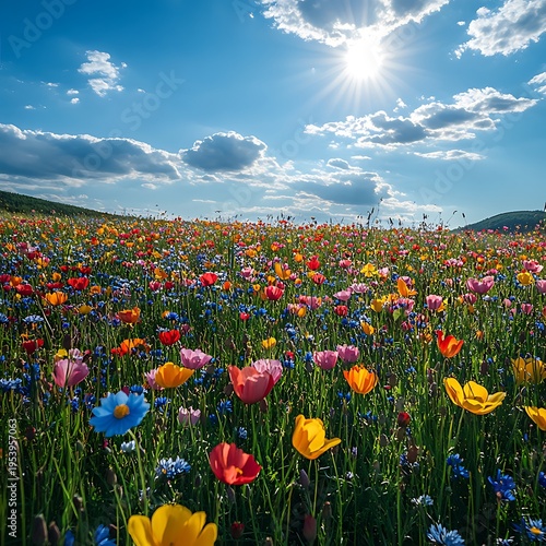 Wide Angle View Of A Lush Wildflower Meadow Under A Blue Sky With Clouds flowers photo