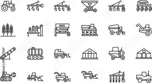 Agriculture and Farming Machinery Icon Set Featuring Tractors Ploughs Harvesters Seed Tenders Silos and Heavy Equipment Line Art Illustrations for Modern Industrial Agribusiness Design