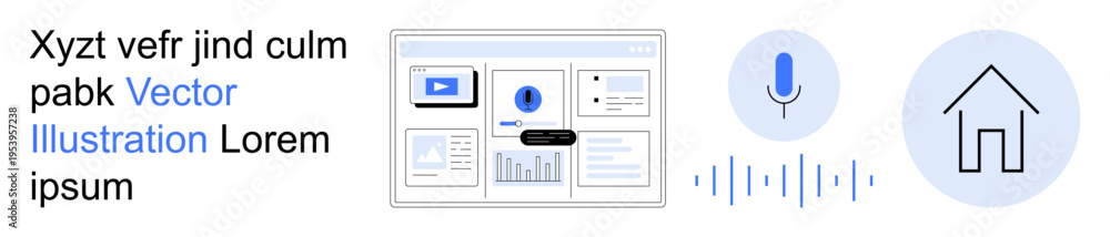 Fototapeta premium Voice recognition, home automation, UI design, smart technology, sound analysis, digital systems. Microphone, sound waves house icon dashboard UI. Voice recognition and home automation theme