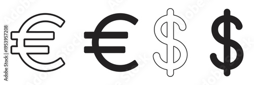 Dollar and euro currency icon vector, outline and solid style, cash concept icon, internet money payment symbol, bank wallet earnings icon, transparent background