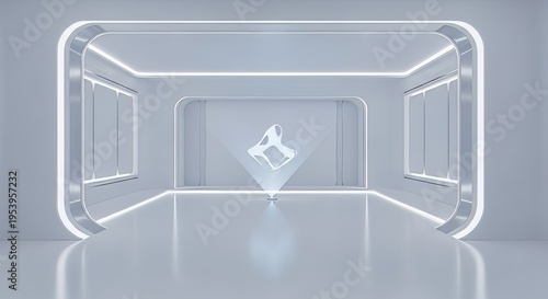 Wallpaper Mural Futuristic corridor with a glowing geometric sculpture in the center, sleek modern design with illuminated edges and reflective floor Torontodigital.ca