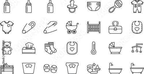 Comprehensive collection of baby care line icons featuring feeding bottles diapers strollers toys and nursery equipment for newborn parenting motherhood and childhood growth concept