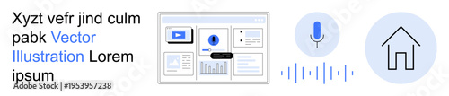 Voice recognition, home automation, UI design, smart technology, sound analysis, digital systems. Microphone, sound waves house icon dashboard UI. Voice recognition and home automation theme