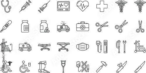 Comprehensive set of medical line icons featuring stethoscope syringe ambulance first aid kit and hospital equipment for healthcare professional services medicine and emergency concept