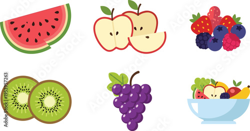 Fruit Vector Illustration Showing Watermelon Apple Berries Kiwi Grapes and Mixed Bowl