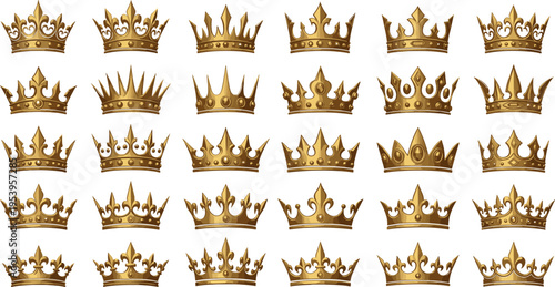 Golden Royal Crown Collection Featuring Luxury King and Queen Crowns with Jewel Details Regal Monarchy Symbols Vector Illustration Set