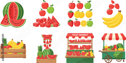 Fruit Market Vector Illustration Showing Watermelon Apple Banana Strawberry Lemon Lime Cherry and Fruit Stand