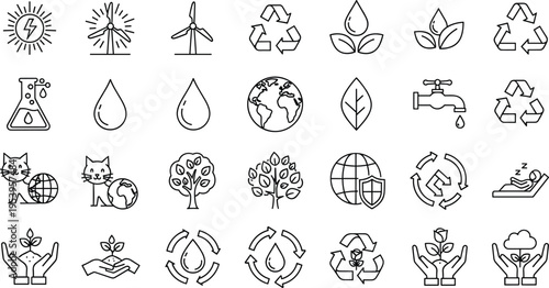 Large collection of eco friendly line icons featuring renewable energy recycling water conservation and nature symbols for environmental sustainability global ecology and green business concept