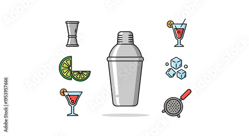 Cocktail shaker and drink ingredients.