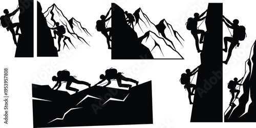 Rock climber silhouette collection mountaineering adventure vector set climbers scaling cliffs alpine mountains extreme outdoor sport illustration