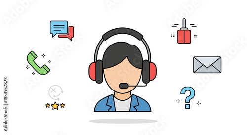 Cartoon man wearing headset and speaking.