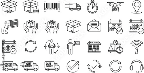 Logistics and Delivery Service Icon Set Featuring Shipping Boxes Barcodes Fast Express Trucks Drones Parcels and Courier Symbols for E-commerce Supply Chain and Global Distribution Projects
