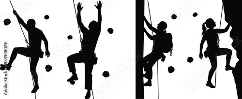 Climbing, silhouette, set, rock, climber, athlete, mountain, adventure, bouldering, extreme, sports, vector, outdoor, hiking, active, lifestyle, exercise, fitness, strength, wall.