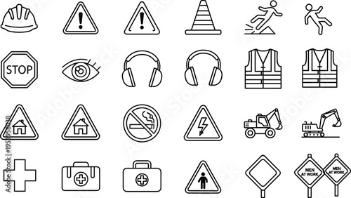 Professional construction safety line icons featuring hard hat warning signs vest earmuffs and first aid kit for industrial workplace health and safety compliance concept