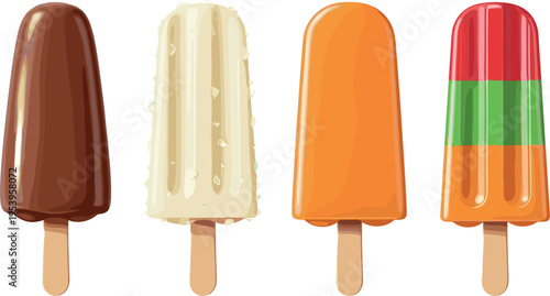 Ice Cream Popsicle Collection with Chocolate Vanilla Orange and Layered Fruit Flavors Summer Frozen Dessert Vector Illustration Set