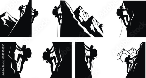 Rock climbing silhouettes set mountaineering adventure vector collection climbers scaling cliffs alpine mountains extreme outdoor sport activity illustration