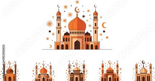 Islamic mosque illustration collection with crescent moon, lanterns and stars for Ramadan Kareem, Eid Mubarak celebration, Islamic architecture and religious festival design