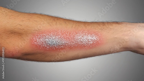 Ultra-detailed medical illustration of psoriasis on human elbow, clearly visible red inflamed plaques with silvery scales, macro dermatology photography style, educational healthcare concept