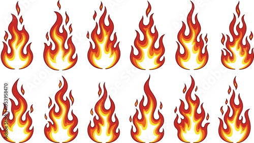 Set of fiery flame vector illustrations with vibrant orange and red gradients isolated on white background for bonfire heat campfire and energy graphic design