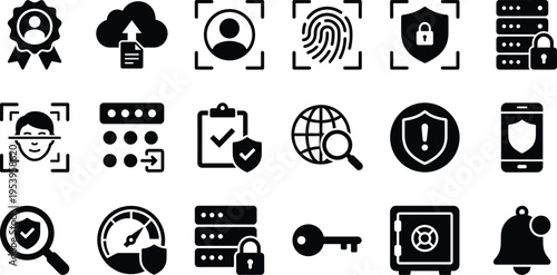 Set of 18 Black Security and Cyber Protection Icons Vector