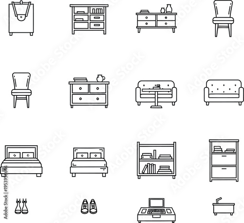 Collection of minimalist black and white line art icons representing various essential home.