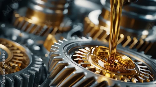 Motor Oil Pouring Over Metallic Gears and Machine Parts