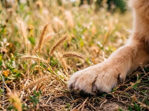 Macro close up Dog paw close to foxtail grass in field, selective focus, natural light, shallow depth of field, pet safety warning concept, summer hazard, no injury