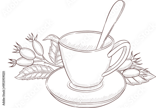 Black and white engraving style illustration set of tea cup, tea pot, tea leaves, tea bag and rose hip flowers and berries, detailed linework for packaging, social media, menu