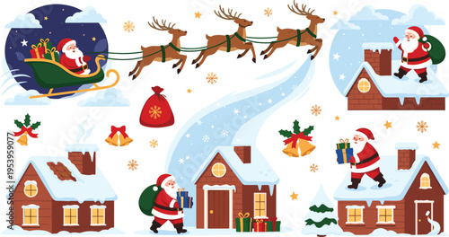 Santa Claus Christmas night scenes with sleigh reindeer chimney gifts and snowy houses festive winter holiday flat vector illustration set