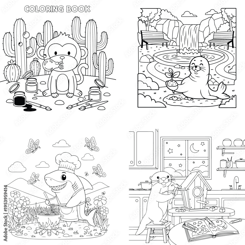 Fototapeta premium Animal characters & engaging scenes: coloring book pages for kids with coloring page