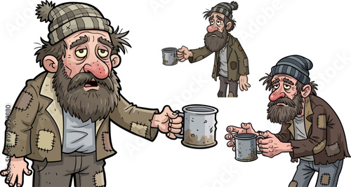 Set of 3 homeless man vector illustrations
