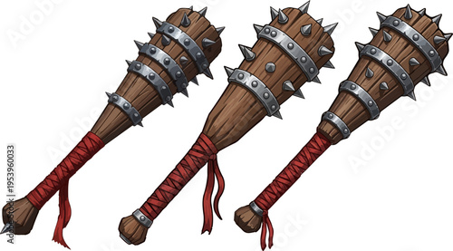 Set of 3 medieval spiked club vector illustrations