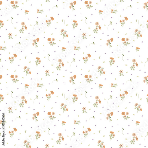 Seamless floral pattern, ditsy flower pattern, fabric print in elegant style on white background, timeless floral, small ditsy flower. Surface design for home textile, wallpaper pattern, fabric