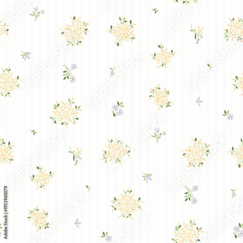 Seamless floral pattern, ditsy flower pattern, fabric print in vintage style on light stripe background, timeless floral, small ditsy flower. Surface design for home textile, wallpaper pattern, fabric