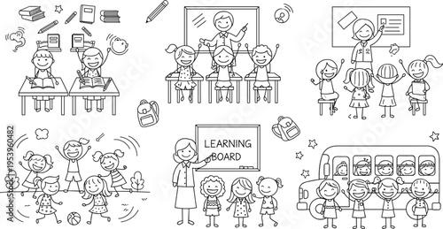 School classroom scenes with teacher and students learning, playing and studying together, educational line art kids vector illustration set